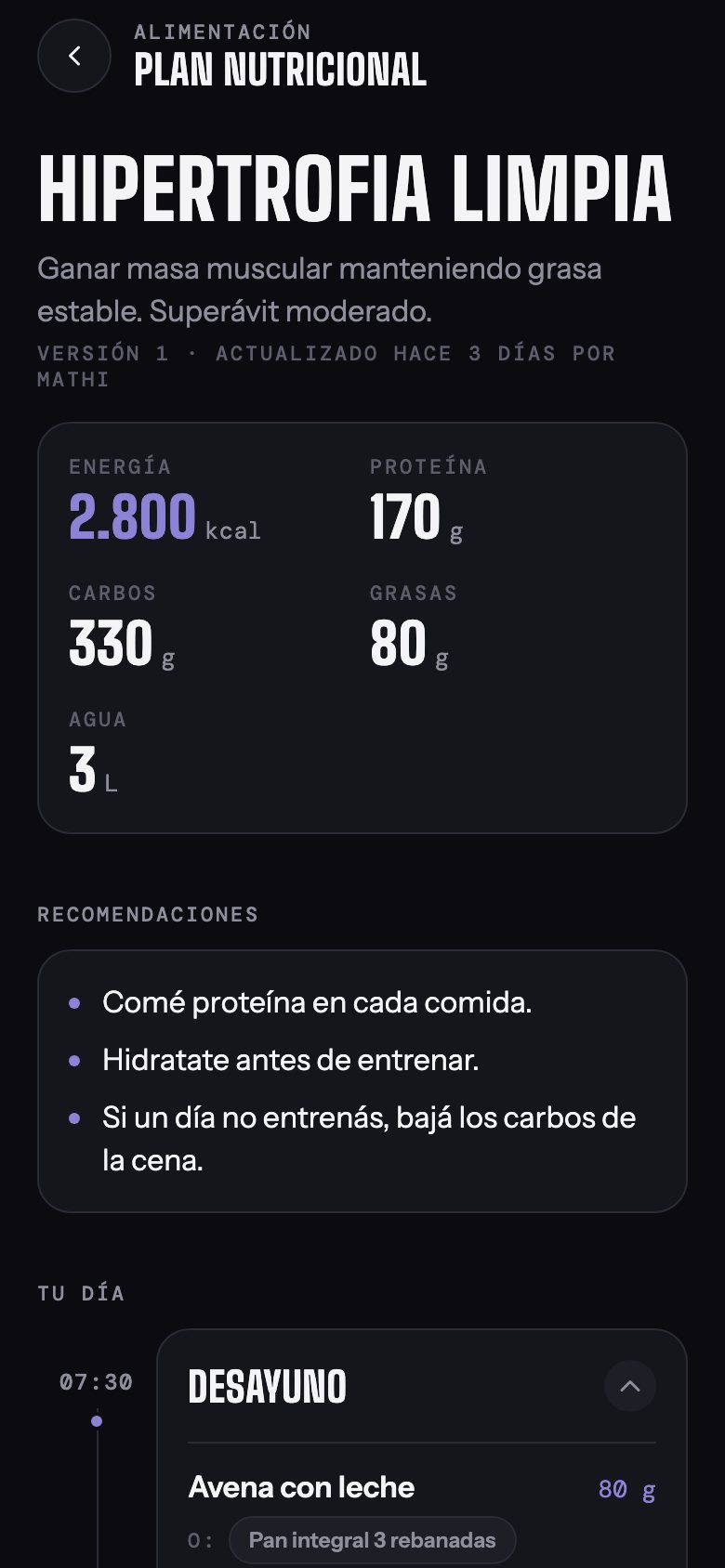 Calorías y macros del plan nutricional